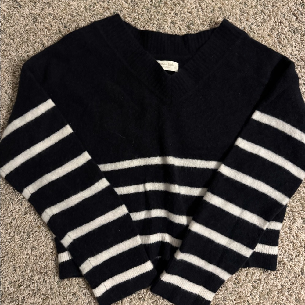 A&F x Kathleen Post Merino Wool Black and White Striped V-Neck Sweater